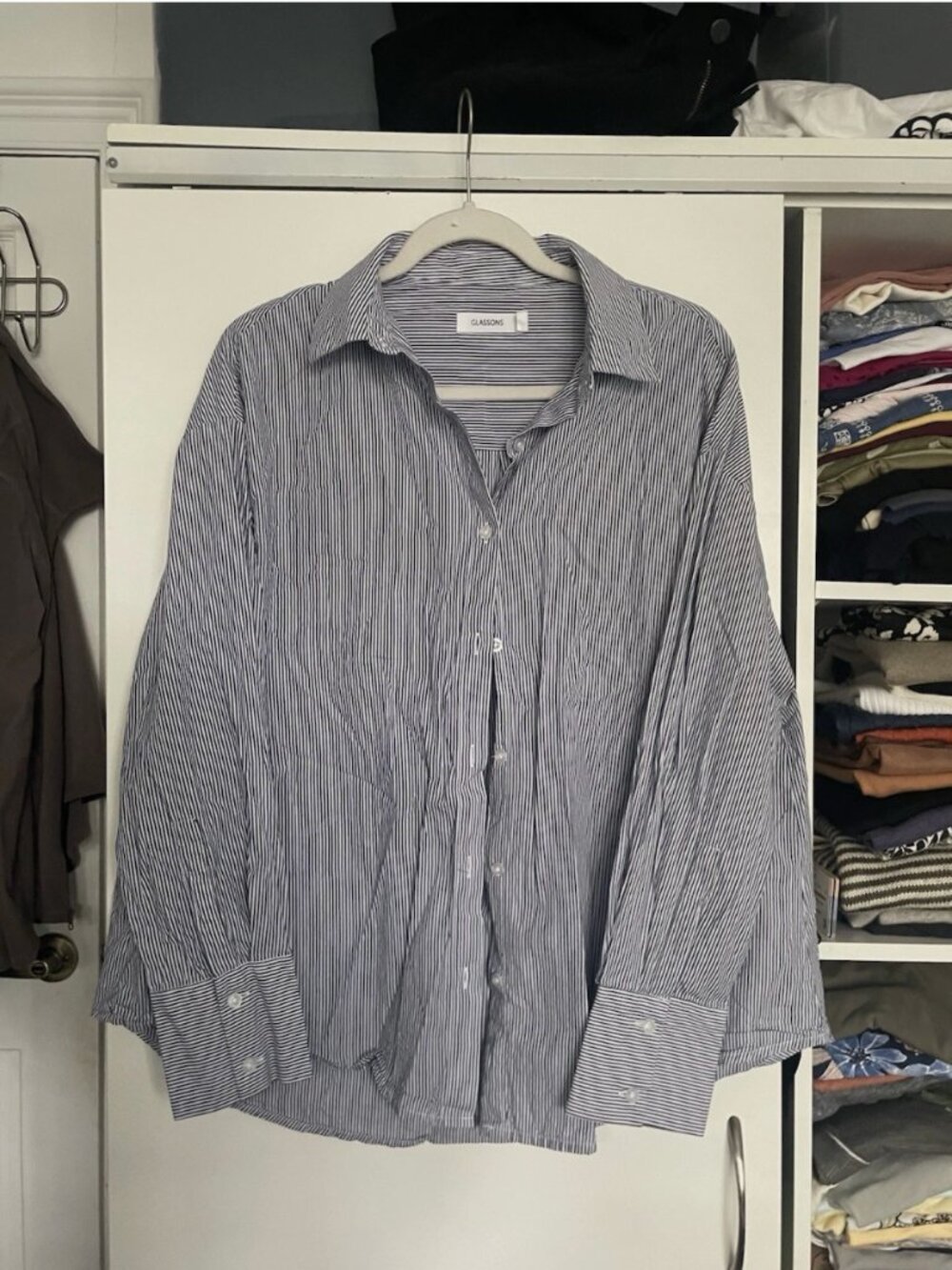 Glassons Shirt Top Womens 8 Blue White Striped Button Up Long Sleeve Collared